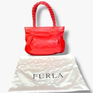 Furla Red Braided Handle Genuine Leather Tote Bag Made in Italy Shoulder Purse